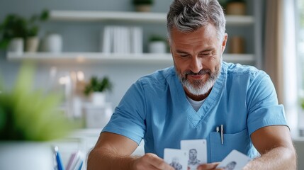 A content man in blue medical scrubs is sitting in a cozy home environment, intently engaged in playing a card game, embodying relaxation and leisure amidst everyday life.