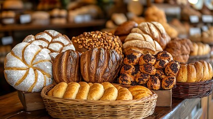 Freshly Baked Bread Assortment on Display in a Bakery.