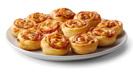 Delicious pinwheel snacks with cheese and tomato topping on a white plate