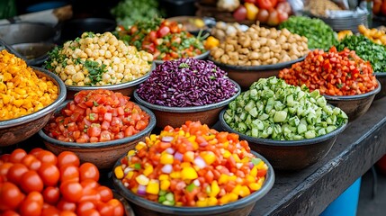 Obraz premium Fresh and colorful salad bowls at a market stall.