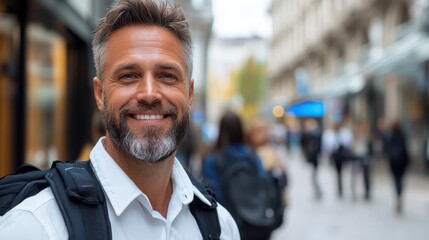 Obraz premium An older man with a warm smile stands amidst a dynamic urban street background, blending casual style with a sense of wisdom and contentment in his expression.