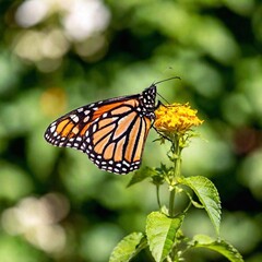 Obraz premium A close-up photo of a monarch butterfly with its wings fully open, deep focus highlighting the contrast between its orange and black markings, eye-level shot offering a sharp portrait that showcases