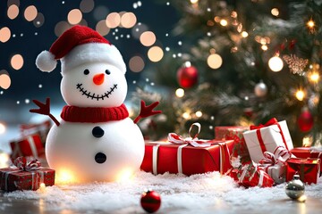 Fototapeta premium Cheerful Snowman with Red Decorations and Holiday Spirit