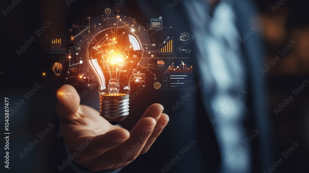 Aufkleber businessman holding creative light bulb with growth graph, analytics icons. utilizing analytics tech