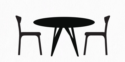 Silhouette of a round dining table with two modern chairs, perfect for interior design and contemporary furniture themes