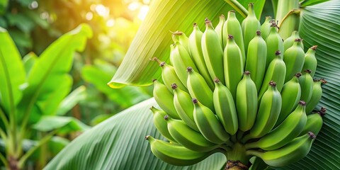 Raw green bananas in garden with leaf background