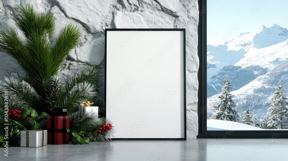 Aufkleber a blank canvas in a frame is positioned against a rocky wall with snow-covered trees in the backdrop