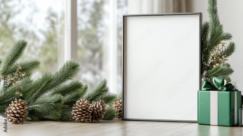 Poster an empty frame on a wooden table is surrounded by pine branches and pinecones, with a neatly wrapped