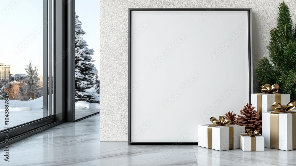 Poster an elegant blank frame is surrounded by wrapped gifts and situated in front of a window overlooking 