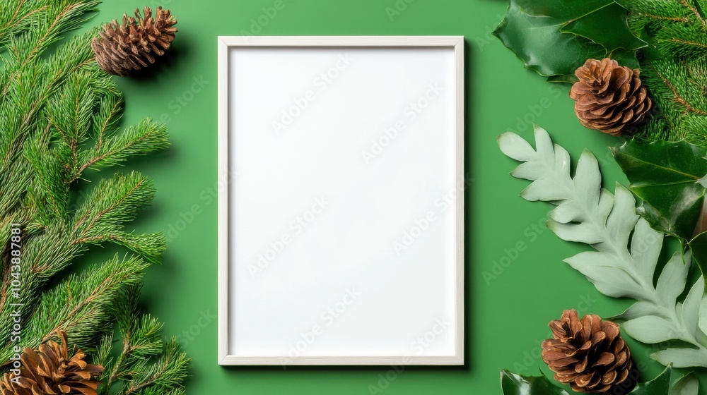 Poster a minimalistic frame placed on a green surface is surrounded by pine branches and pinecones, creatin