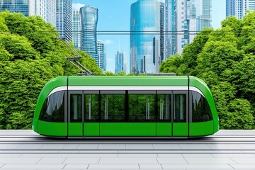 Naklejka premium Green modern tram on tracks with city skyline and trees in the background, showcasing urban transportation.