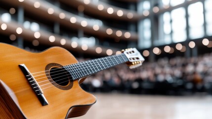 Fototapeta premium A classical guitar elegantly poised on stage, set against a beautifully blurred background of a concert hall audience, capturing anticipation and musical atmosphere.