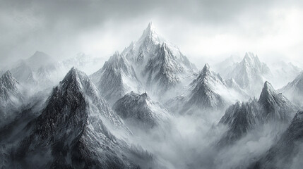 Obraz premium Majestic Snowy Mountain Range With Fog Dramatic Peak Landscape Photography