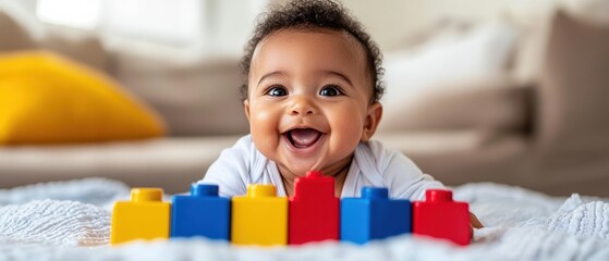 Obraz premium Happy baby playing with colorful building blocks in a bright indoor space.