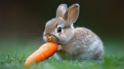 Obraz premium A cute rabbit nibbling on a carrot in a grassy field.