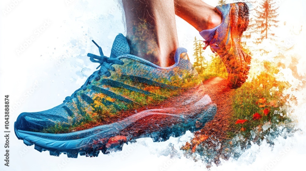 Poster close-up of a runner's shoe with a nature scene overlay, emphasizing the connection between movement
