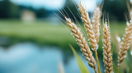 Dew droplets cling to close-up wheat ears in a serene, idyllic natural setting near a water body, capturing the peaceful intersection of agriculture and nature.