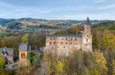 Aerial view of Grodno castle (Zamek Grodno) in Zagorze Slaskie, Poland