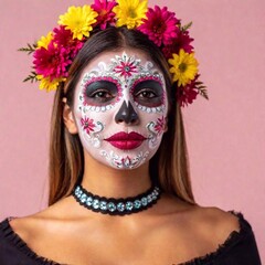 Sugar Skull Portrait,  young Latina woman with intricate sugar skull face paint, featuring colorful floral designs, captured in shallow focus
