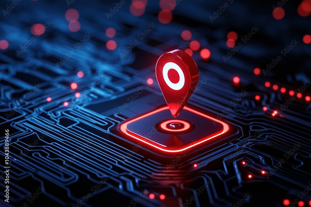 Poster high-tech digital map pin on a circuit board background, glowing red elements, futuristic concept.