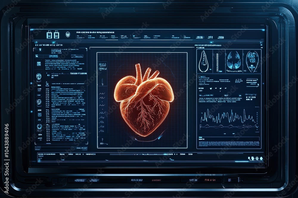Poster high-tech heart illustration displayed on a futuristic health monitoring interface.