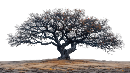 A large tree stands alone in a field of brown grass
