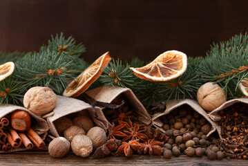 Close up of traditional aromatic and fragrant Christmas spices in the linen bags