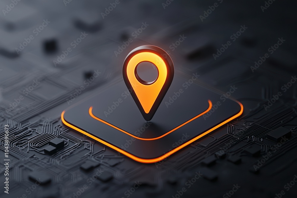 Poster modern location pin icon on a sleek digital circuit background, perfect for mapping, navigation or t