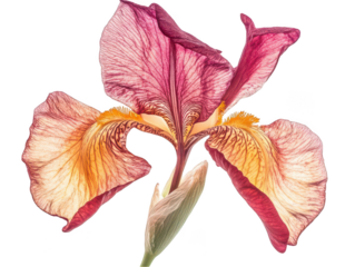 Close-up of a vibrant pink and yellow iris flower with intricate petal details.