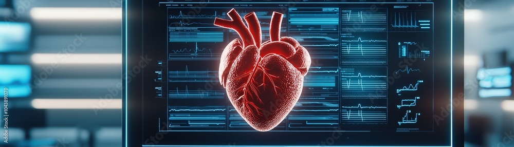 Aufkleber realistic 3d heart model on a digital background with health data analysis.