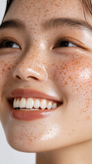 Fototapeta premium Young woman with freckles and a radiant smile showcasing natural beauty in a close-up portrait