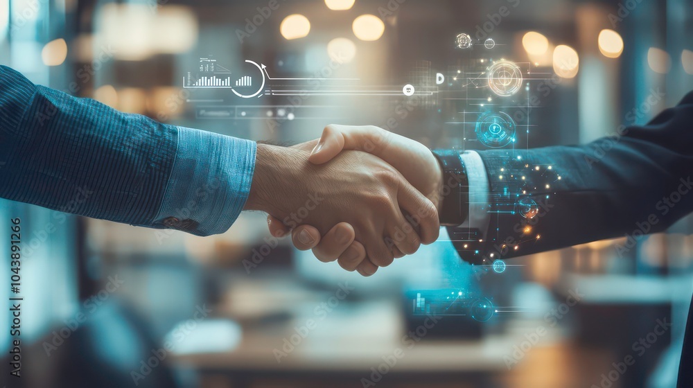 Aufkleber Two businessmen shaking hands with digital data and charts surrounding them, symbolizing a successful partnership.