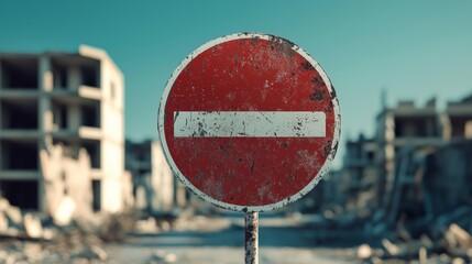 A weathered no entry sign stands prominently against an urban background, symbolizing restriction and warning. Perfect for editorial use.