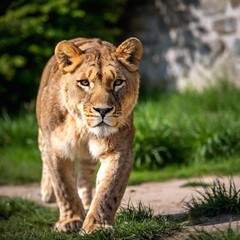Naklejka premium A full shot photo of a lioness crouched and ready to pounce, deep focus on its tense muscles and predatory gaze, low-angle shot that accentuates its readiness to spring forward and its raw power