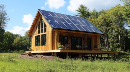 Sustainable Off-Grid Cabin: A charming, wood-framed cabin nestled amidst a lush green meadow, powered by an array of solar panels on the roof.