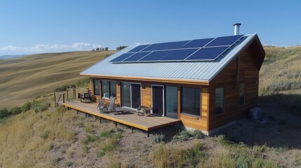Obraz premium Sustainable Living: A modern, off-grid cabin with solar panels, nestled into the rolling hills, showcasing the beauty of sustainable living. 