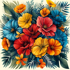Fototapeta premium Vibrant floral arrangement of hibiscus and colorful blossoms in artistic display