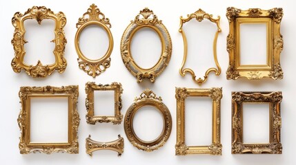 Elegant antique picture frames in gilded gold, isolated on a white background, perfect for showcasing art