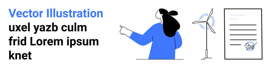 Woman pointing at wind turbine and document. Ideal for renewable energy, environmental conservation, sustainability, clean energy awareness, educational content. Banner for landing page