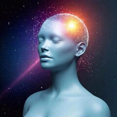 "An abstract representation of a woman whose head is seamlessly merged with a neural network, illustrating the integration of human cognition and artificial intelligence."