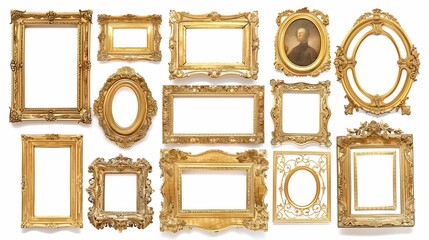 Elegant antique picture frames in gilded gold, isolated on a white background, perfect for showcasing art