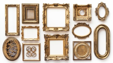 Elegant antique picture frames in gilded gold, isolated on a white background, perfect for showcasing art