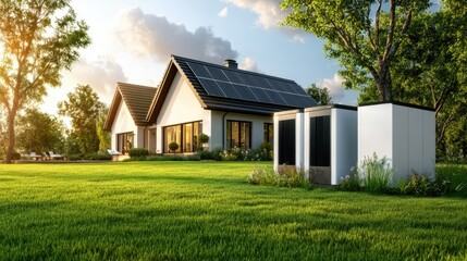 Obraz premium Modern Home with Solar Panels and Energy Storage Units