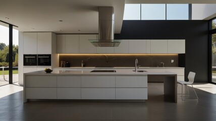 Modern kitchen with white cabinets, a large island, and a sleek stainless steel range hood. The kitchen has large windows that let in natural light.