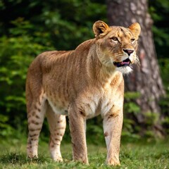 Obraz premium A full shot photo of a lioness in mid-roar, deep focus on its open mouth and intense facial expression, low-angle shot capturing the full body and the dynamic energy of its powerful stance