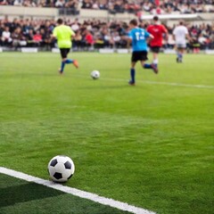 A soccer field viewed from above, with shallow focus highlighting the ball and two players as they sprint toward the goal, while the background of the field and spectators blurs for a dynamic effect