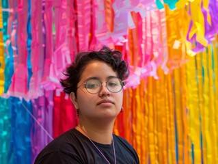 Fototapeta premium Portrait of a smiling LGBTQ individual in front of a dynamic, colorful abstract art piece