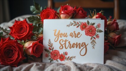 A heartfelt card adorned with vibrant roses delivers a powerful message of strength and resilience, nestled on a cozy bed