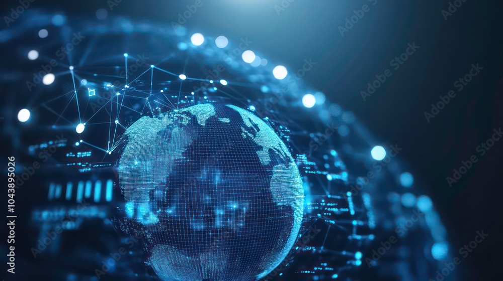 Poster a digital globe with glowing blue lines and nodes connecting continents, representing global connect