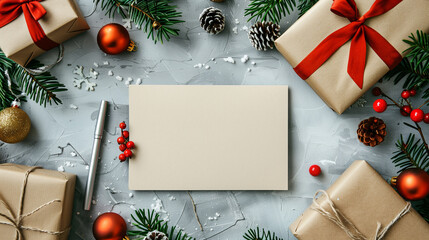 Top view of a Christmas greeting card A4 white paper framed with ornaments on a white background.